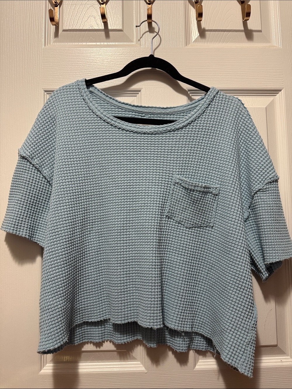 Pilcro Light Blue Waffle Knit Crop Top with Pocket